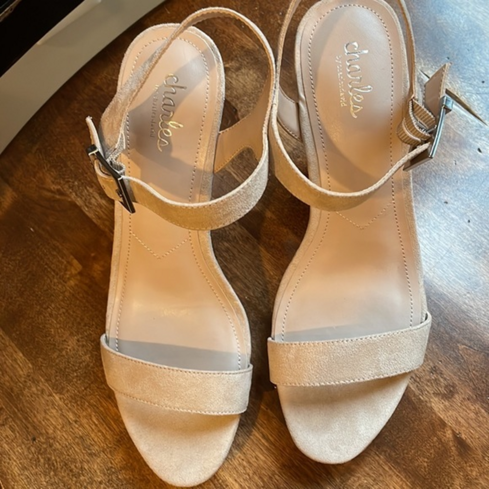 Charles Charles David Neutral‎ Cork Platform Wedge Ankle Strap Sandals Womens 10 - Picture 2 of 10